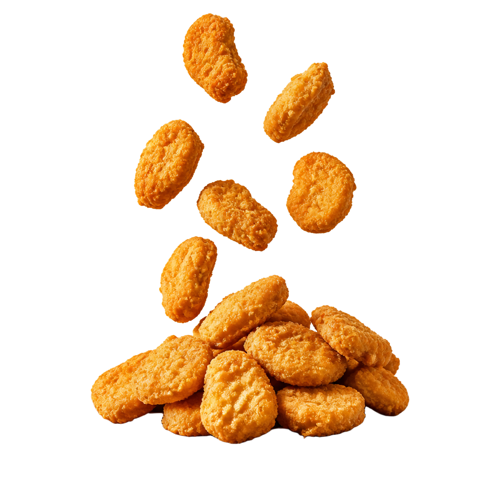 A platter of golden nuggets with nuggets tumbling in the air